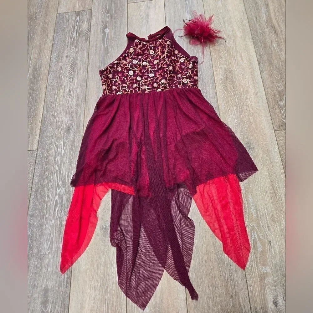 Costume Gallery Burgundy leo with attached skirt with burgundy hair piece xl
